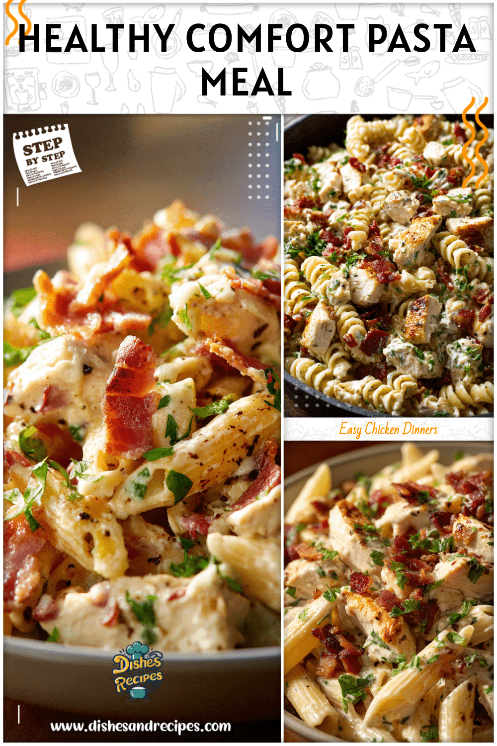 Lightened-up chicken bacon ranch pasta with fresh herbs and creamy sauce for healthy dinner ideas.